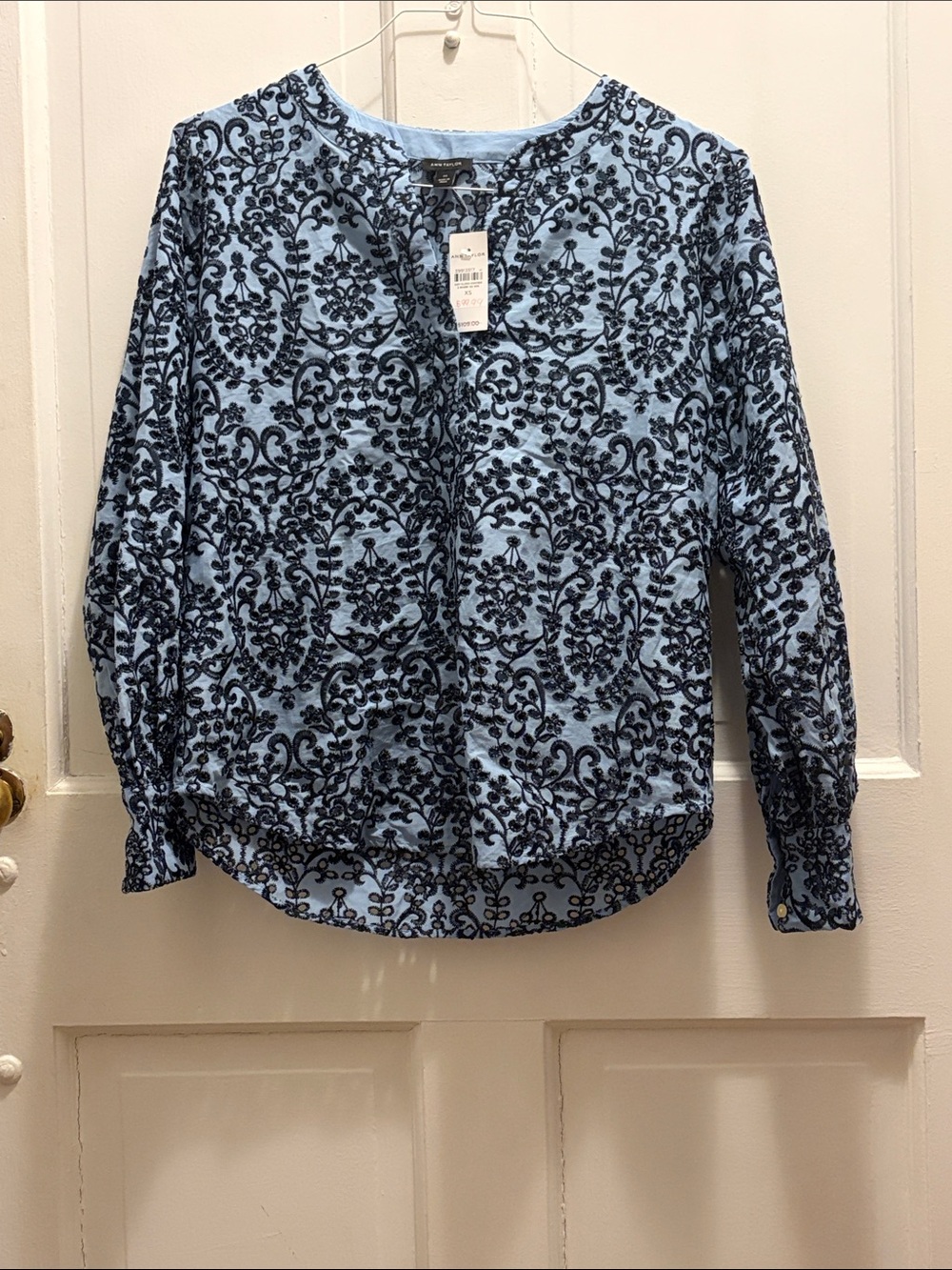 Ann Taylor Blue Blouse with Navy Flocked Floral
